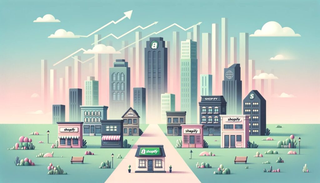 Why Shopify is the best E-commerce platform 2 DALL·E 2023 12 29 18.14.49 A wide flat style landscape representing the scalability of Shopify without specific logos. Starting from the left a small quaint store symbolizes a
